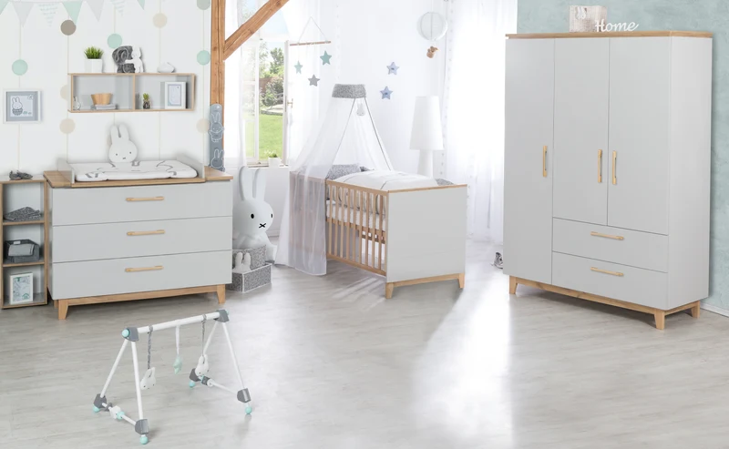 Kinderzimmerset 'Caro', inkl. Kombi-Bett 70 x 140 cm, Wickelkommode & 3-türigem Schrank, Lichtgrau/Goldeiche