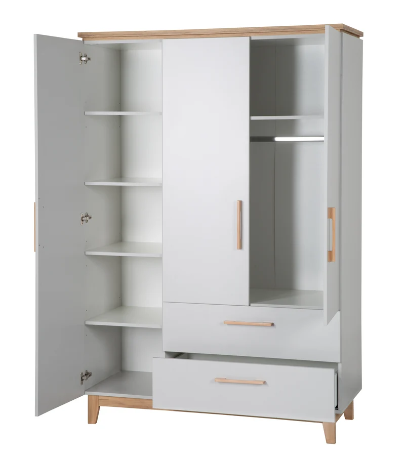Kinderzimmerset 'Caro', inkl. Kombi-Bett 70 x 140 cm, Wickelkommode & 3-türigem Schrank, Lichtgrau/Goldeiche