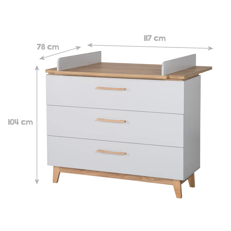 Kinderzimmerset 'Caro', inkl. Kombi-Bett 70 x 140 cm, Wickelkommode & 3-türigem Schrank, Lichtgrau/Goldeiche