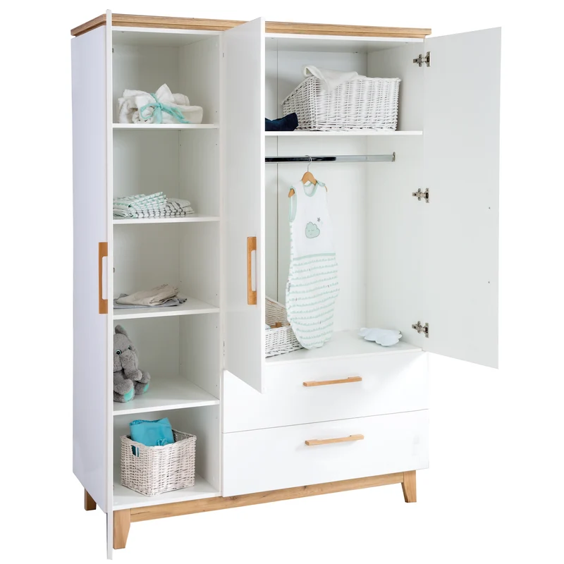 Zimmerset 'Finn' inkl. Kombi-Bett 70 x 140 cm, Wickelkommode & 3-türigem Schrank, Weiß/ Goldeiche