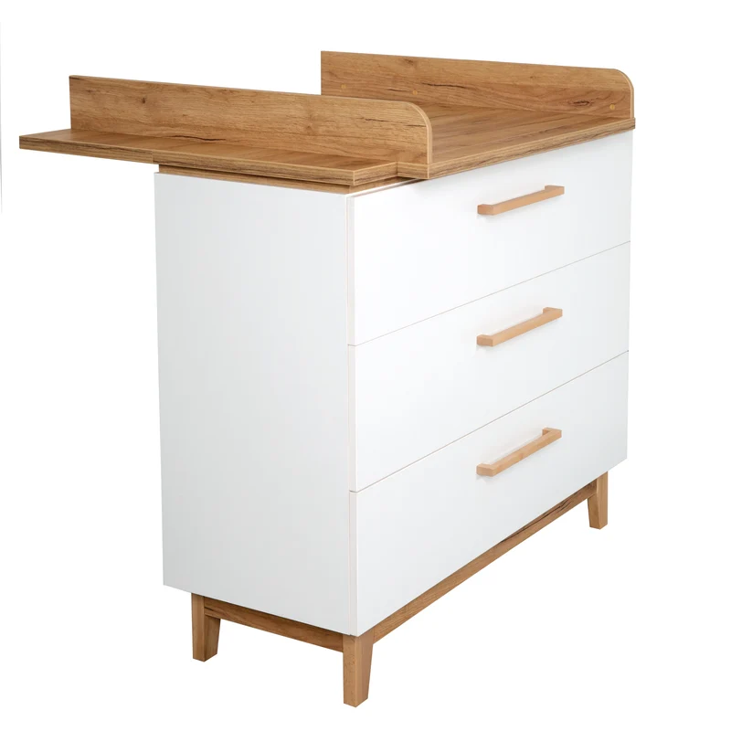 Zimmerset 'Finn' inkl. Kombi-Bett 70 x 140 cm, Wickelkommode & 3-türigem Schrank, Weiß/ Goldeiche