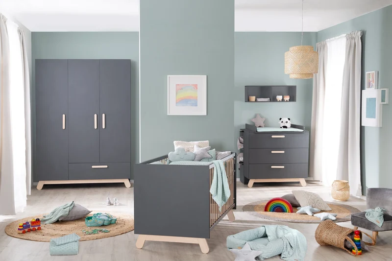 Zimmerset "Jara", inkl. Kombi-Bett, Wickelkommode & Schrank, mit Füßen und Griffen aus Buche Echtholz, anthrazit