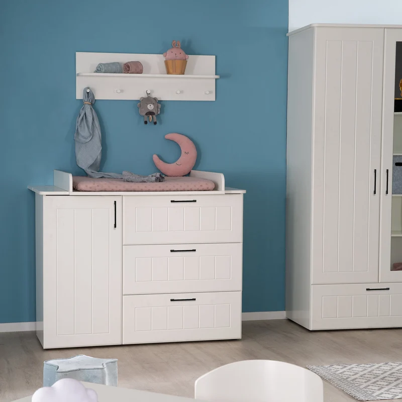 Zimmerset "Sylt", inkl. Kombi-Bett 70x140 cm, Wickelkommode & 3-türigem Kleiderschrank mit Spiegel, weiß