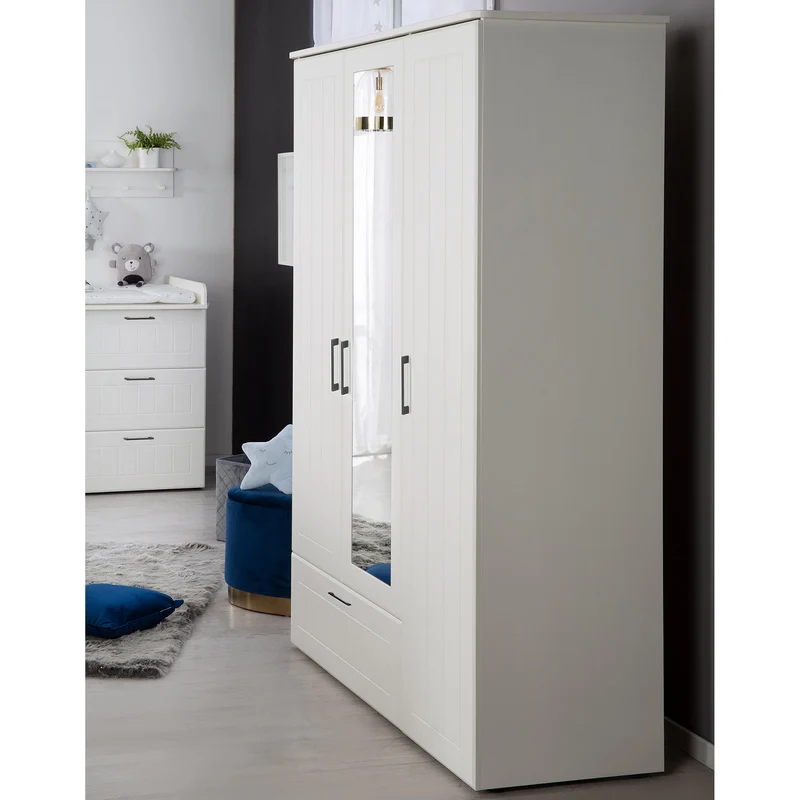 Zimmerset "Sylt", inkl. Kombi-Bett 70x140 cm, Wickelkommode & 3-türigem Kleiderschrank mit Spiegel, weiß