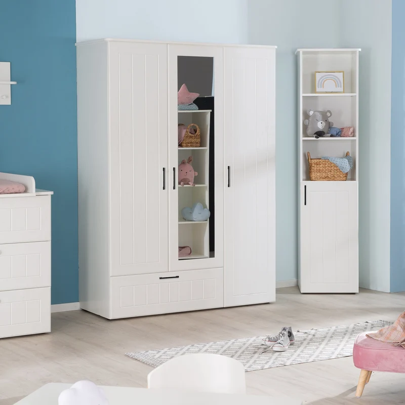 Zimmerset "Sylt", inkl. Kombi-Bett 70x140 cm, Wickelkommode & 3-türigem Kleiderschrank mit Spiegel, weiß