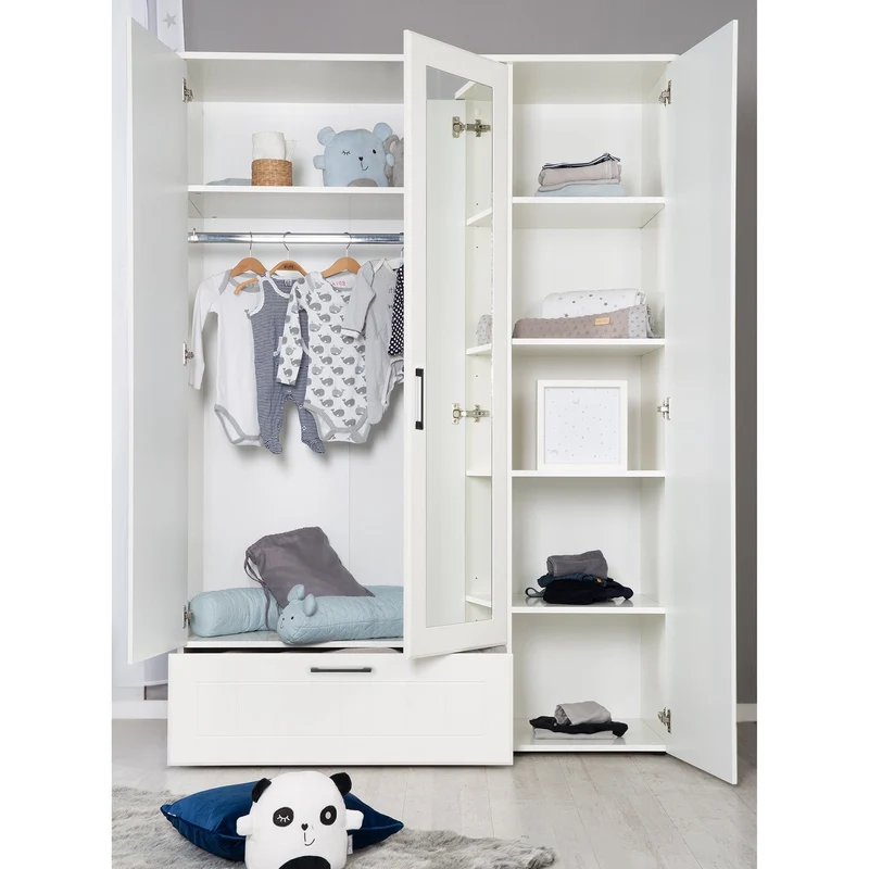 Zimmerset "Sylt", inkl. Kombi-Bett 70x140 cm, Wickelkommode & 3-türigem Kleiderschrank mit Spiegel, weiß