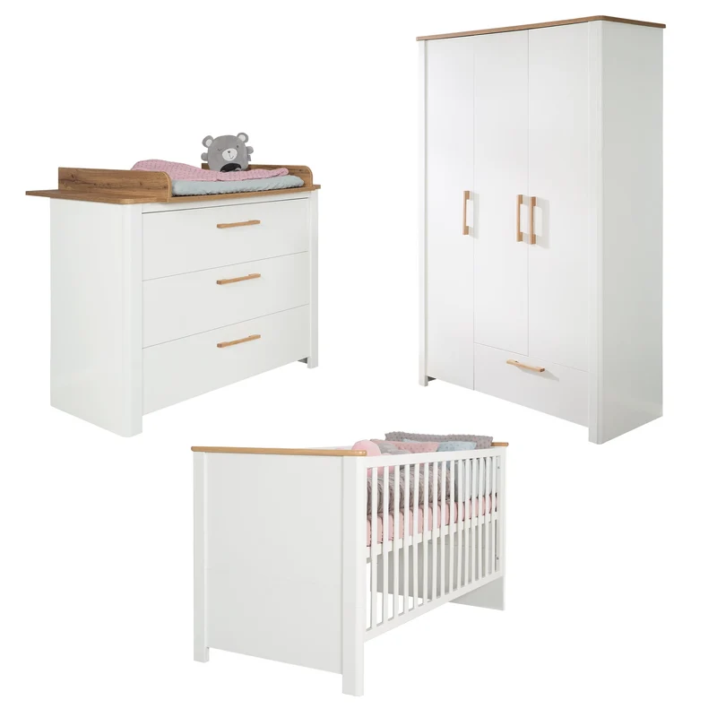 Zimmerset "Ava" 3-teilig, inkl. Kombi-Bett 70x140 cm, Wickelkommode & Kleiderschrank, Artisan Eiche/weiß