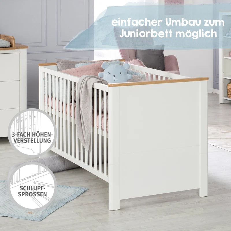 Zimmerset "Ava" 3-teilig, inkl. Kombi-Bett 70x140 cm, Wickelkommode & Kleiderschrank, Artisan Eiche/weiß