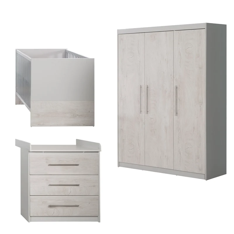 Zimmerset "Maren 2" 3-teilig, inkl. Kombi-Bett 70 x 140 cm, Wickelkommode & Kleiderschrank, weiß gekalkte Eiche/lichtgrau