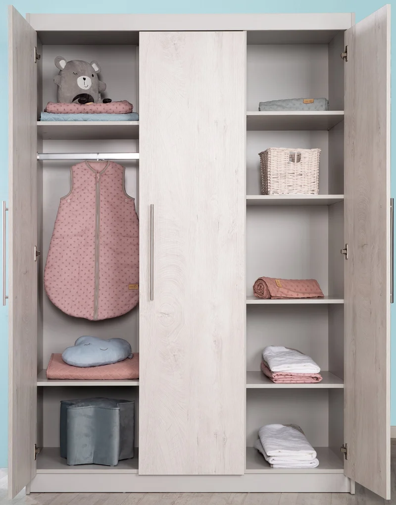 Zimmerset "Maren 2" 3-teilig, inkl. Kombi-Bett 70 x 140 cm, Wickelkommode & Kleiderschrank, weiß gekalkte Eiche/lichtgrau