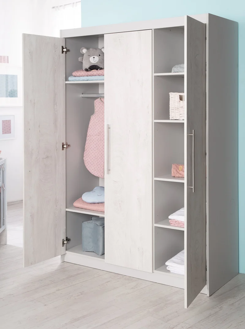 Zimmerset "Maren 2" 3-teilig, inkl. Kombi-Bett 70 x 140 cm, Wickelkommode & Kleiderschrank, weiß gekalkte Eiche/lichtgrau