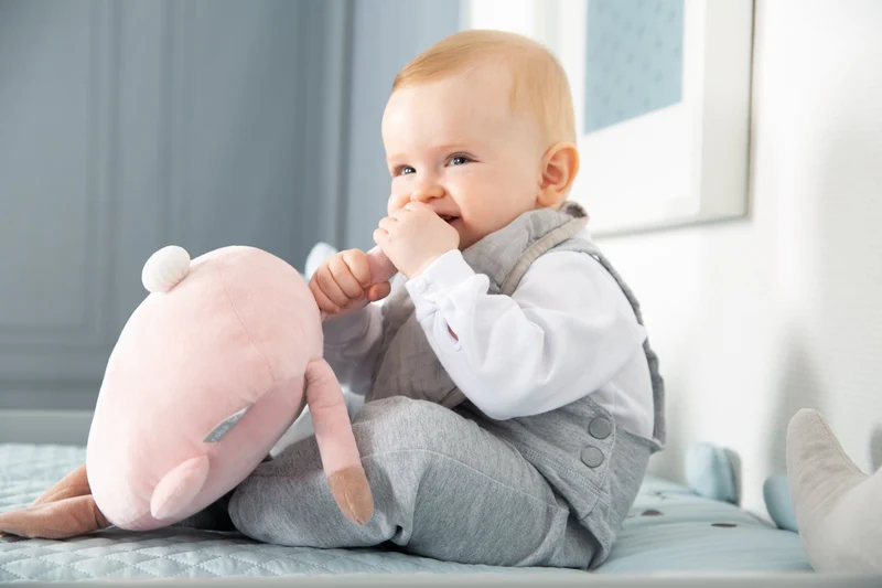 Deko-/Kuschelkissen"Lil Cuties" – Kuscheltier "Benny" mit Freundschaftskarte, hellblau