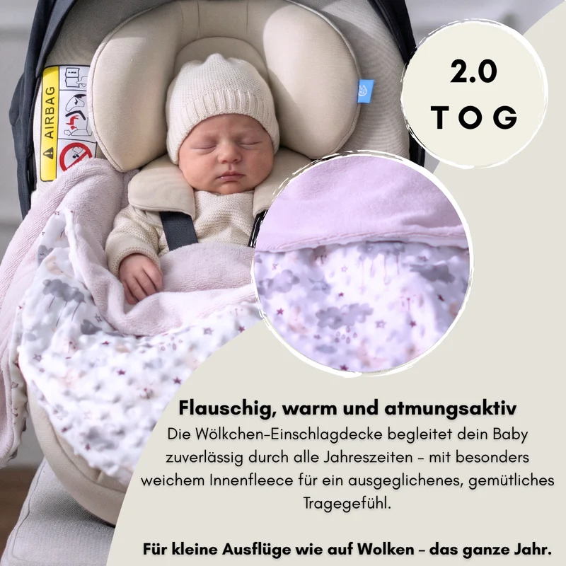 Einschlagdecke für das ganze Jahr - Wölkchen rosé (mit Bambusfleece)