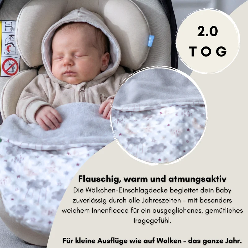 Einschlagdecke für das ganze Jahr - Wölkchen grau (mit Bambusfleece)