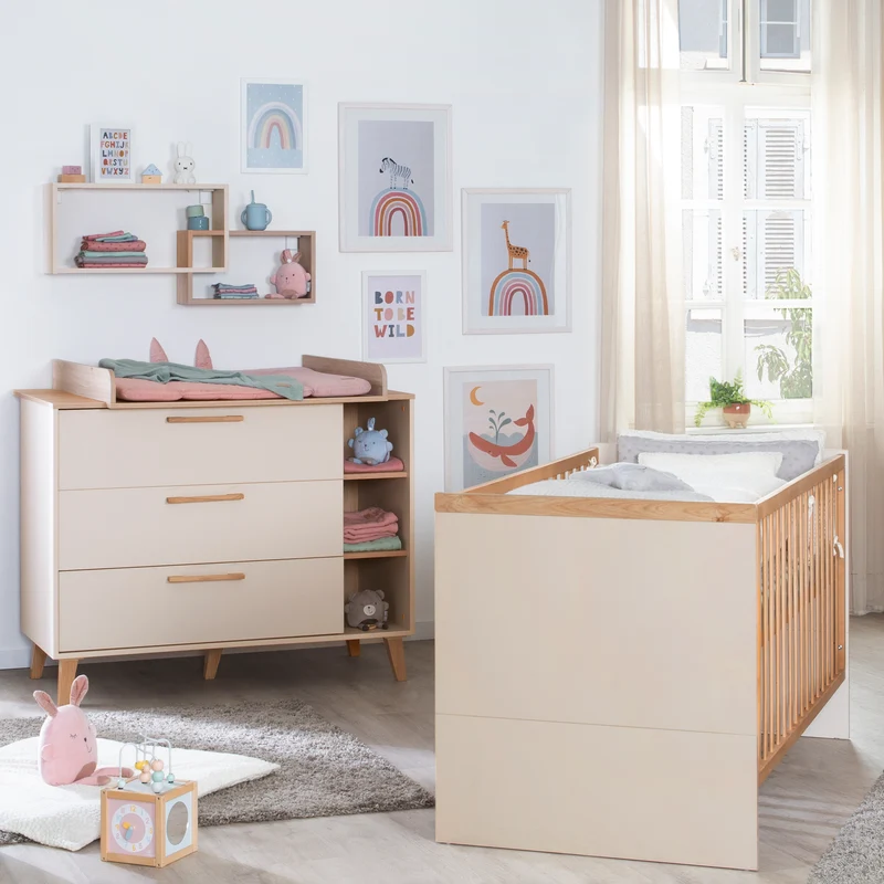 Möbelset Jil 2-teilig - Kombi-Kinderbett 70x140cm + Wickelkommode - Cashmere / Chestnut