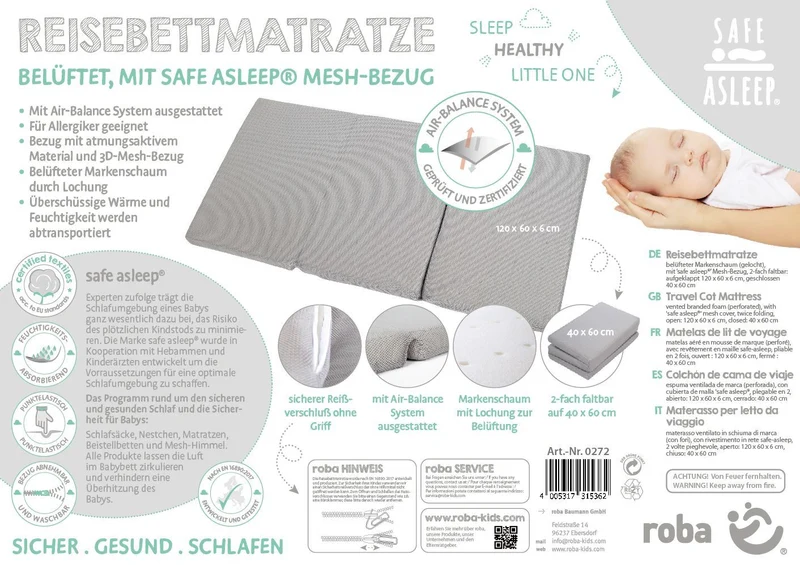 Reisebettmatratze "safe asleep®" – 60 x 120 x 5,5 cm, belüfteter Schaumstoff für optimales Schlafklima