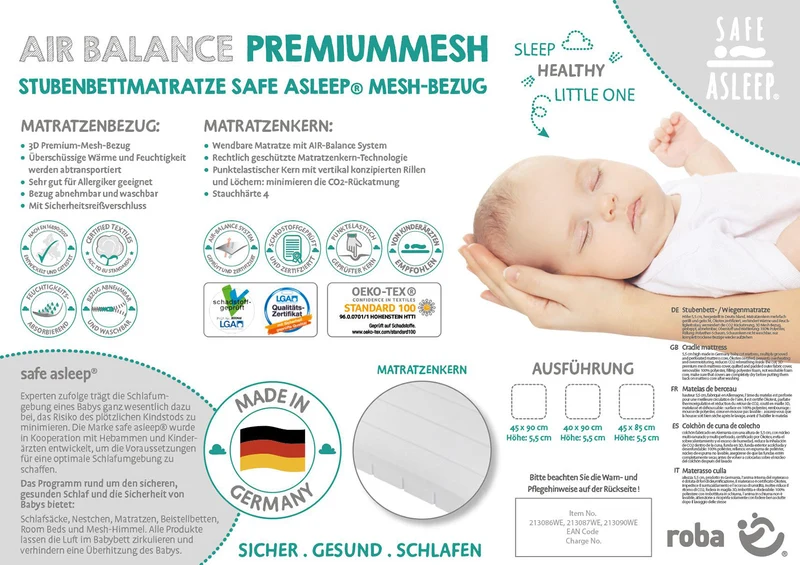 Wiegenmatratze "safe asleep®" – Air Balance Premiummesh, 40 x 90 x 5,5 cm, für optimales Schlafklima