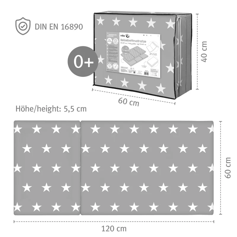 Reisebettmatratze "Little Stars" – faltbares Reisebett, Baby/Kinderbett 60 x 120 cm, inkl. Tragetasche