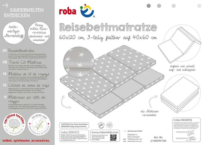 Reisebettmatratze "Little Stars" – faltbares Reisebett, Baby/Kinderbett 60 x 120 cm, inkl. Tragetasche