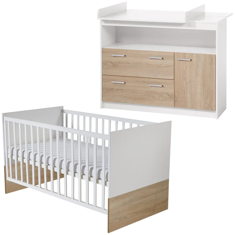Zimmerset "Gabriella" – inkl. Babybett 70 x 140 cm & breite Wickelkommode, bicolor