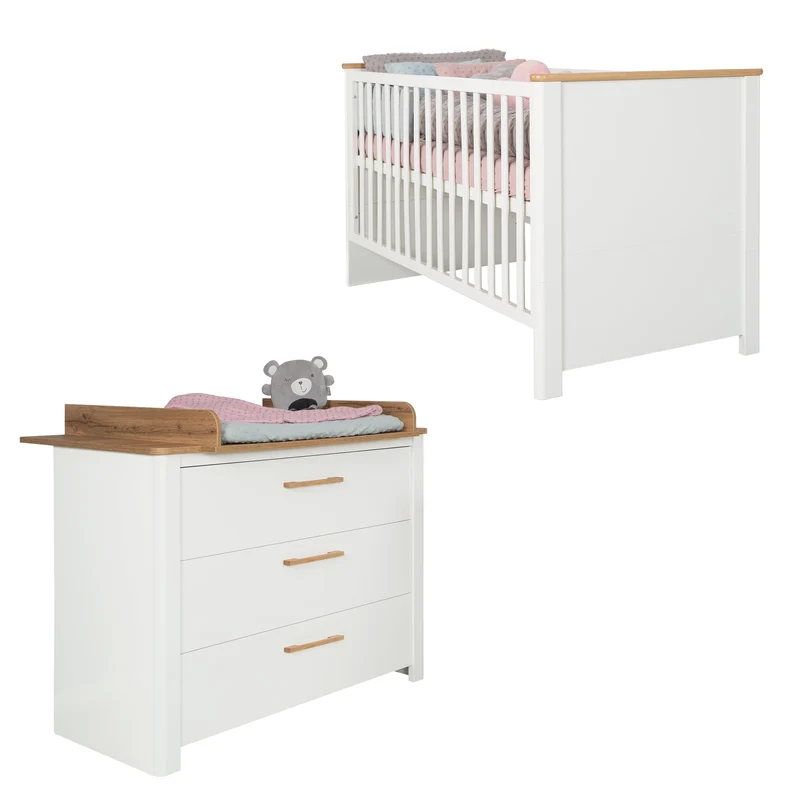 Zimmerset "Ava" 2-teilig, inkl. Kombi-Bett 70 x 140 cm & Wickelkommode schranktief, Artisan Eiche/weiß
