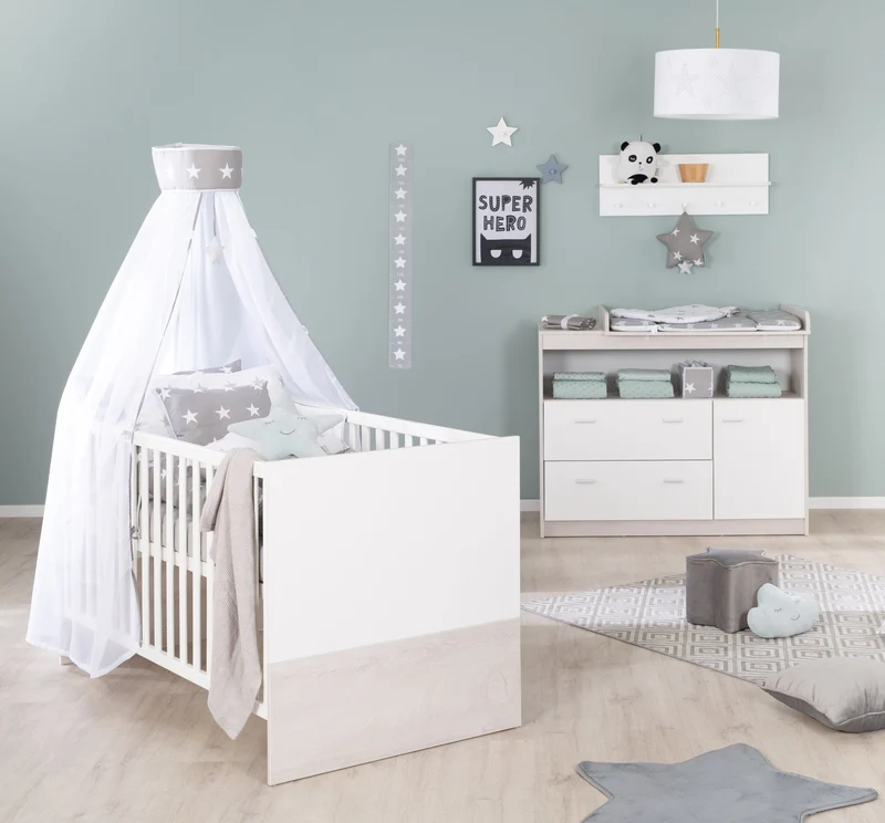 Zimmerset "Julia" 2-teilig, inkl. Kombi-Bett 70 x 140 cm & Wickelkommode breit, Weiß gekalkte Eiche/weiß