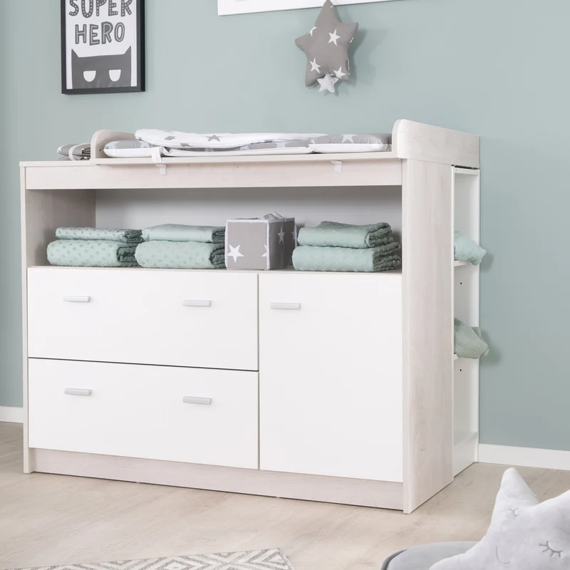 Zimmerset "Julia" 2-teilig, inkl. Kombi-Bett 70 x 140 cm & Wickelkommode breit, Weiß gekalkte Eiche/weiß