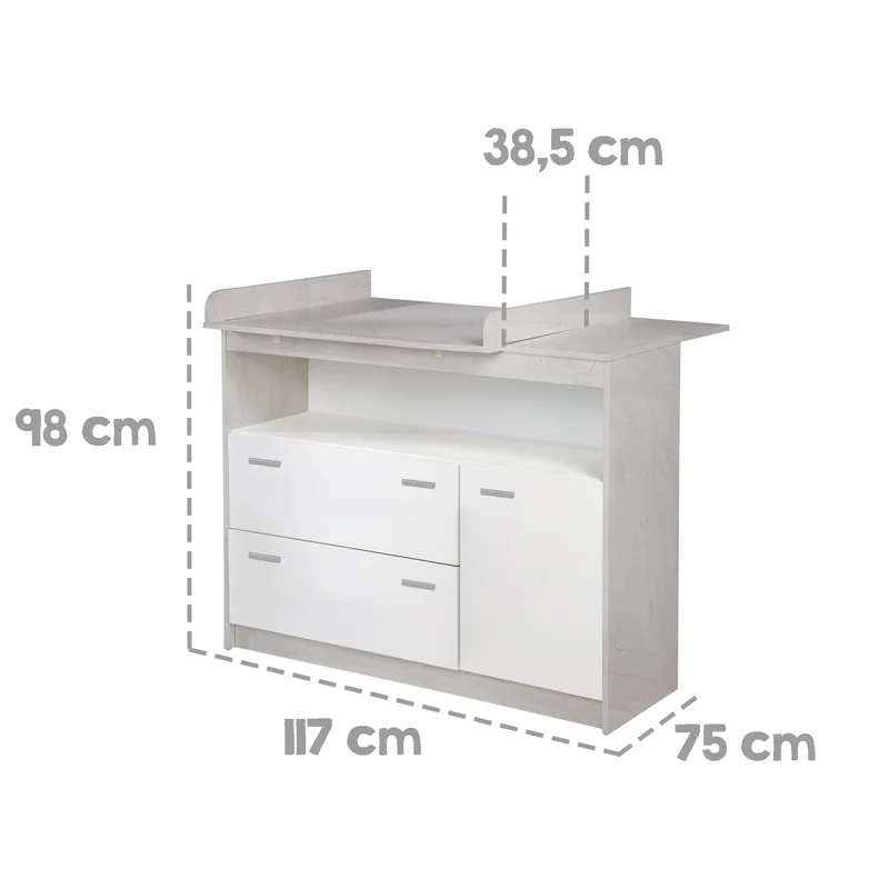 Zimmerset "Julia" 2-teilig, inkl. Kombi-Bett 70 x 140 cm & Wickelkommode breit, Weiß gekalkte Eiche/weiß