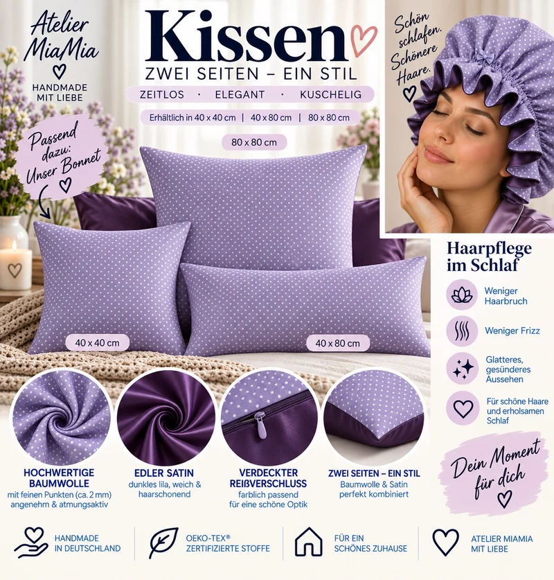 Satin-dunkel lila Kissenbezug für die Haare – Lavendel mit Punkte