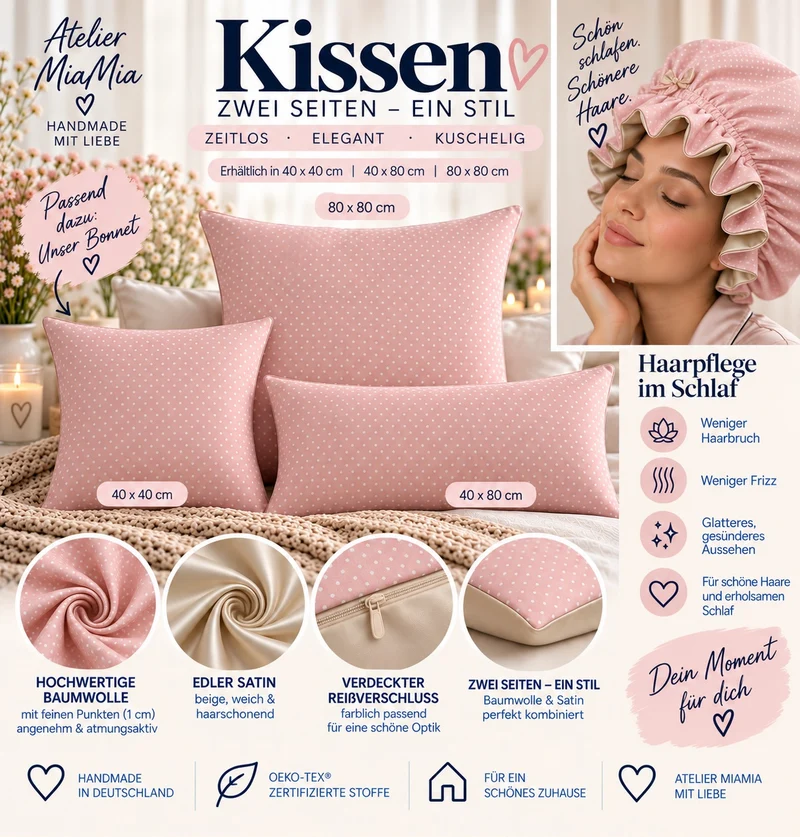 Satin-Beige Kissenbezug für die Haare – Altrosa weise Punkte