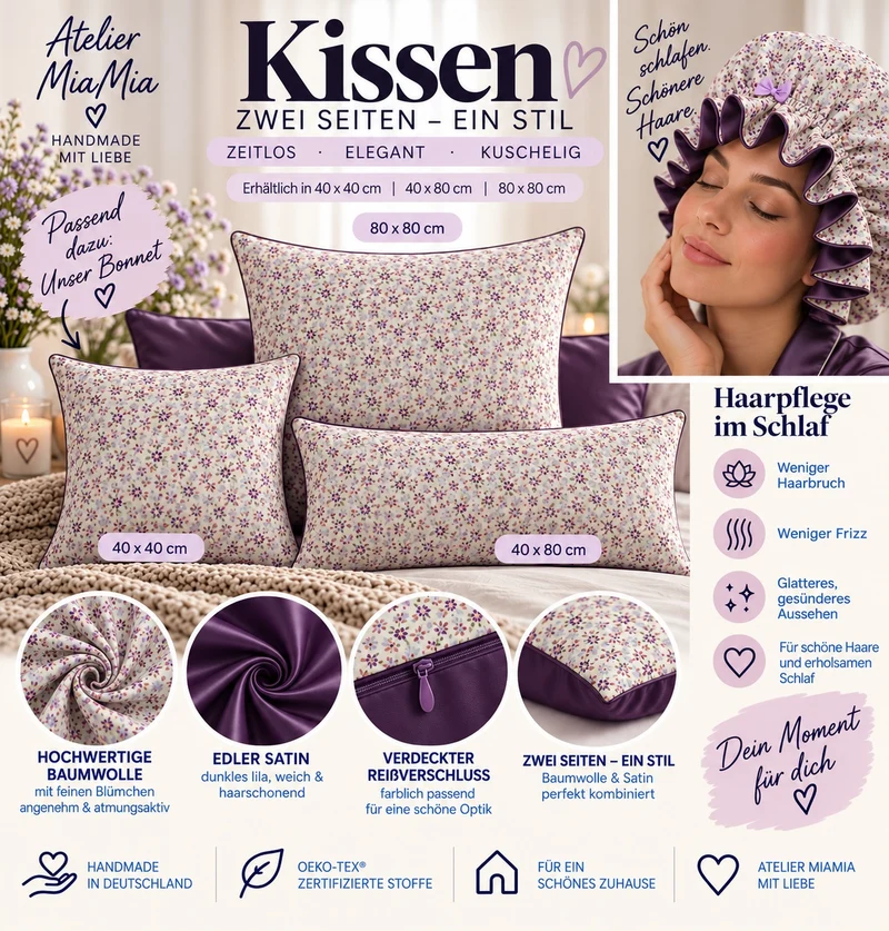 Satin Kissenbezug für die Haare – Blumen bund - Blau