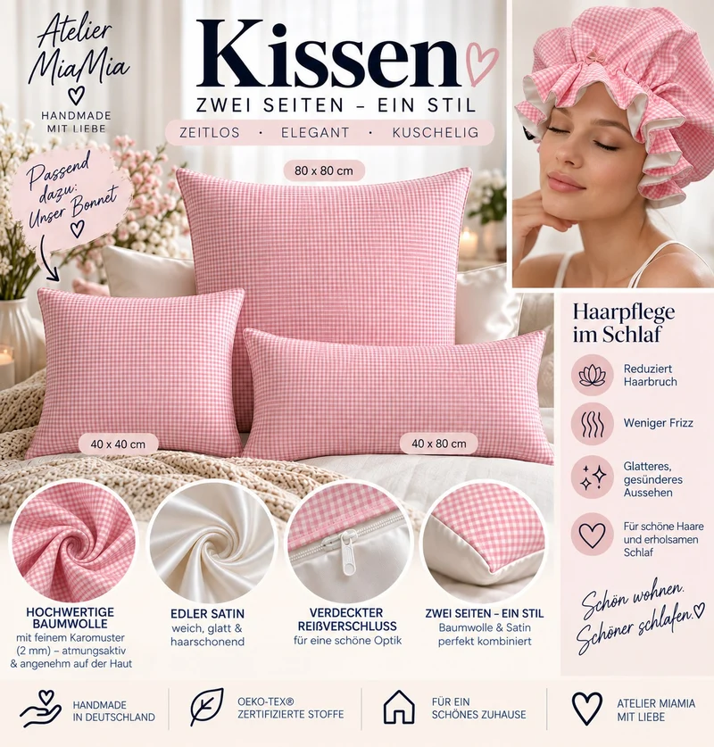 Satin Kissenbezug für die Haare –Rosa-Weis- Karo
