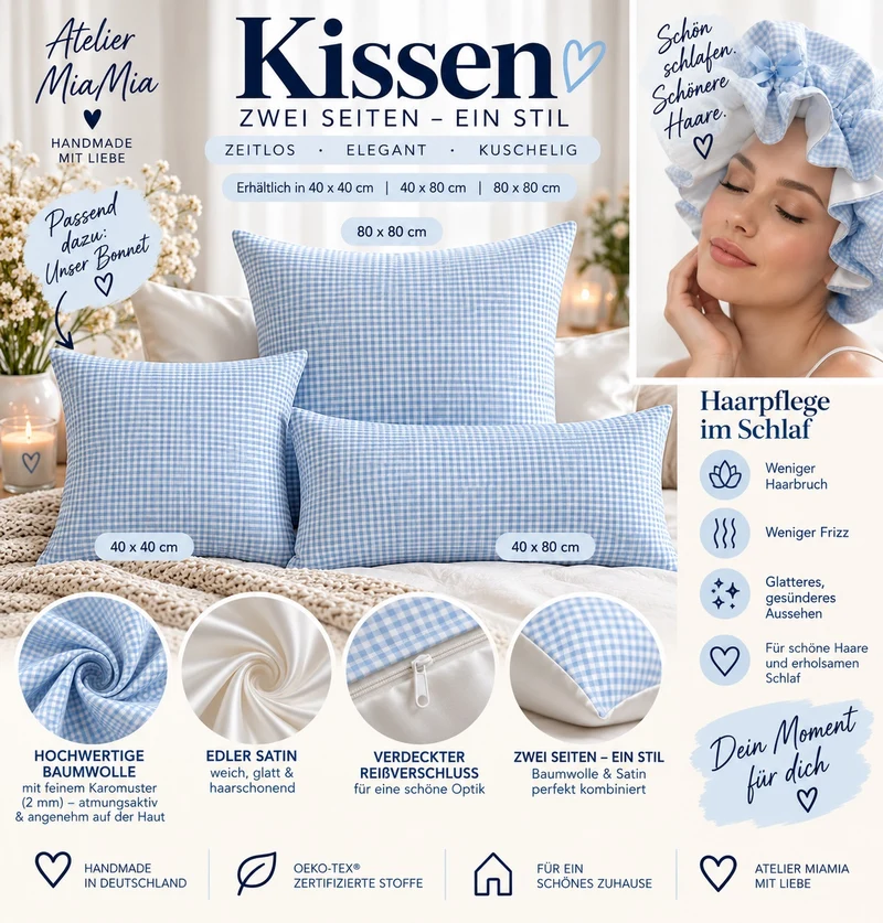 Satin Kissenbezug für die Haare –Hellblau Karo / Beige