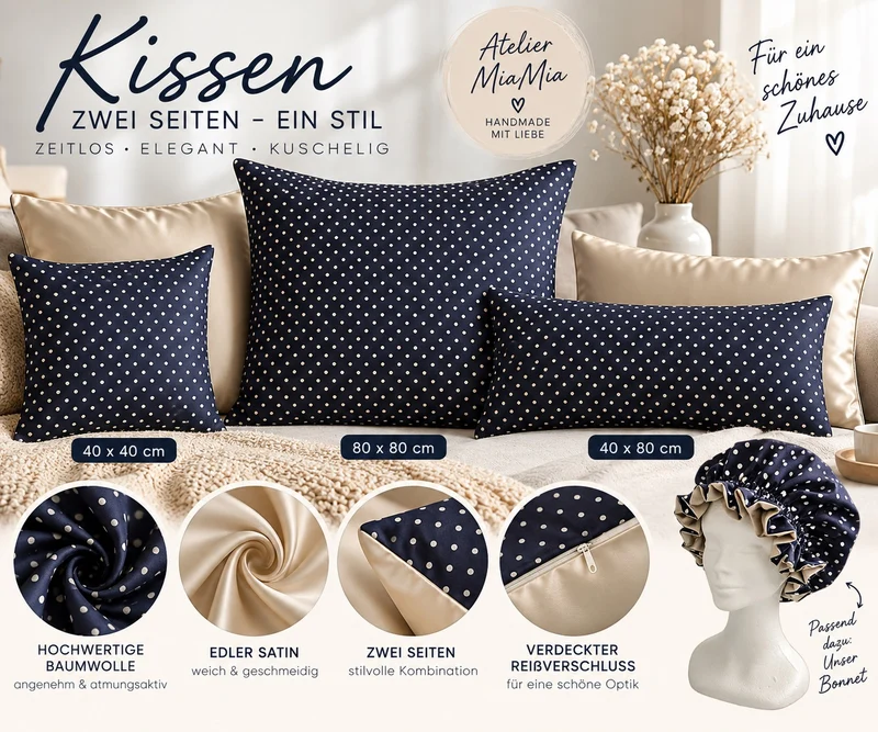 Satin Kissenbezug für die Haare – Dunkelblau Punkte / Beige