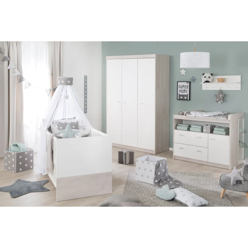 Zimmerset "Julia" 3-teilig, inkl. Kombi-Bett 70 x 140 cm, Wickelkommode & Schrank 3-türig, Weiß gekalkte Eiche/weiß