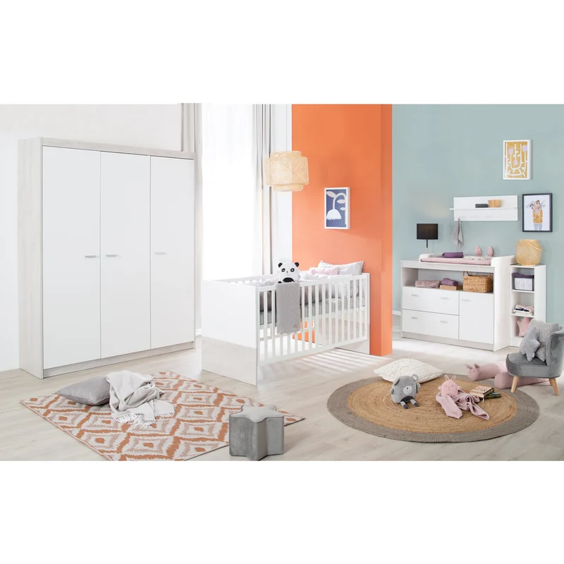 Zimmerset "Julia" 3-teilig, inkl. Kombi-Bett 70 x 140 cm, Wickelkommode & Schrank 3-türig, Weiß gekalkte Eiche/weiß