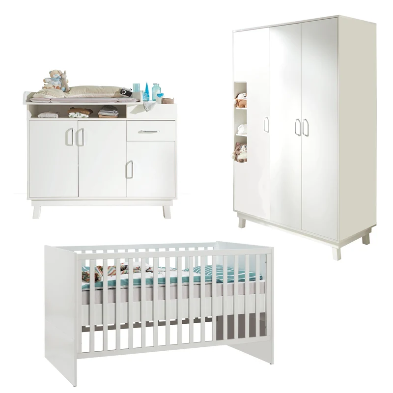 Zimmerset "Nordic weiss", inkl. Kombi-Bett 70 x 140 cm, Wickelkommode breit & Schrank 3-türig, weiß