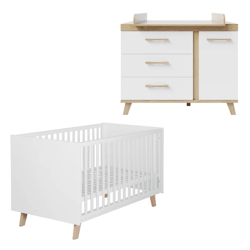 Möbelset 'Smile' 2-teilig - Kombi-Bett 70x140 + Wickelkommode - Artisan Eiche / Weiß