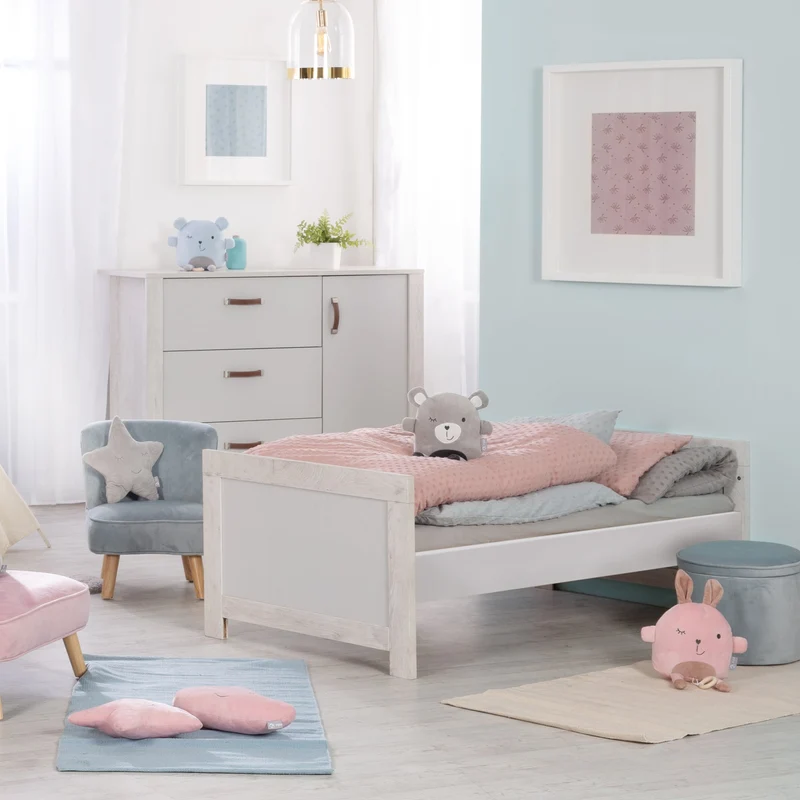Kombi-Kinderbett "Mila" – 70 x 140 cm, verstell-/umbaubar zum Jugendbett, mitwachsend, 3 Schlupfsprossen