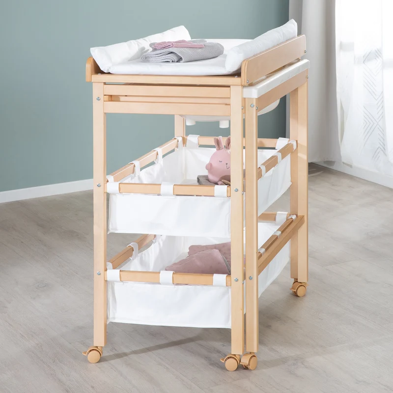 Bade-Wickel-Station "Baby Pool" – ausziehbar Tisch mit Badewanne, Holz natur, Auflage weiß