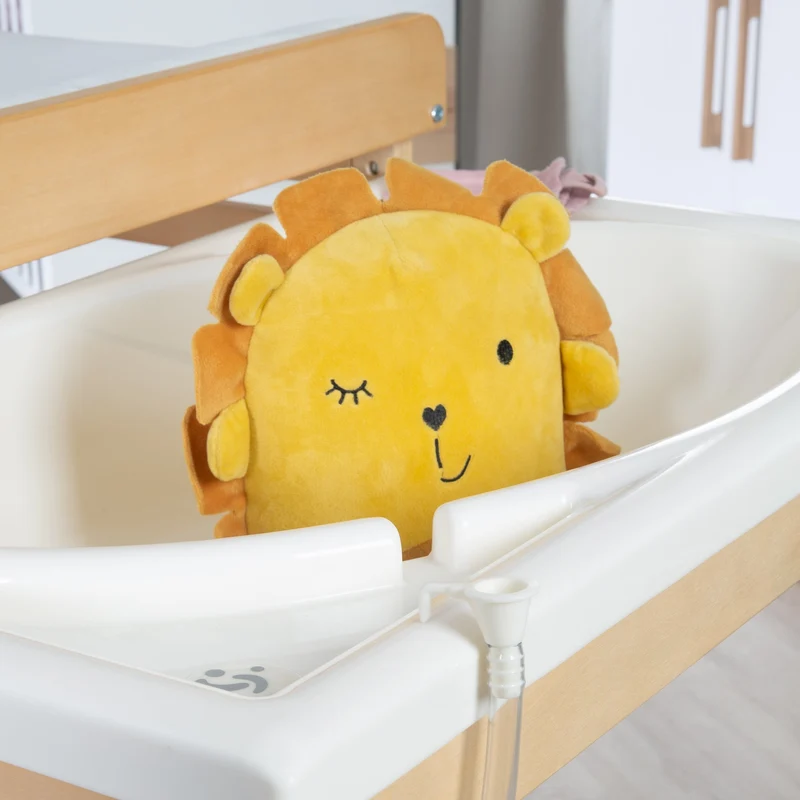 Bade-Wickel-Station "Baby Pool" – ausziehbar Tisch mit Badewanne, Holz natur, Auflage weiß