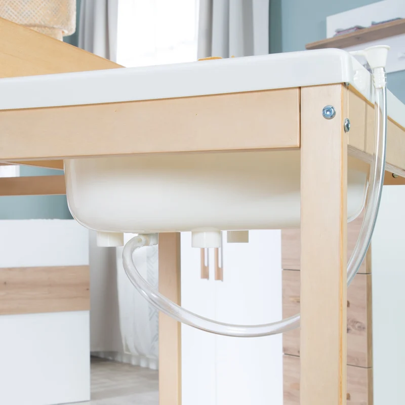 Bade-Wickel-Station "Baby Pool" – ausziehbar Tisch mit Badewanne, Holz natur, Auflage weiß