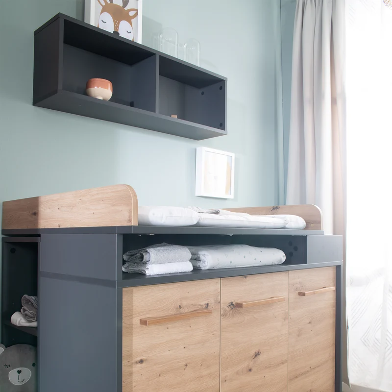 Möbelset 'Lenn' - Kombi-Kinderbett 70x140 + Wickelkommode - Anthrazit - Dekor 'Artisan Eiche'