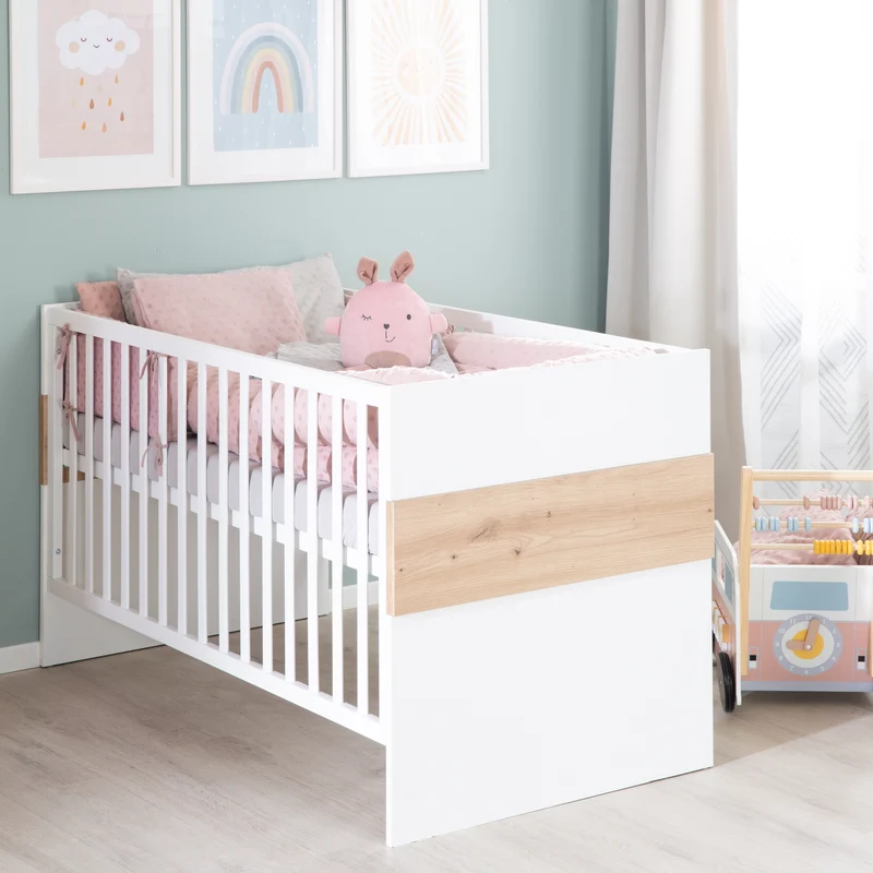 Möbelset 'Lion 2-teilig - Kombi-Kinderbett 70x140 + Wickelkommode breit - Weiß - Dekor 'Artisan Eiche'