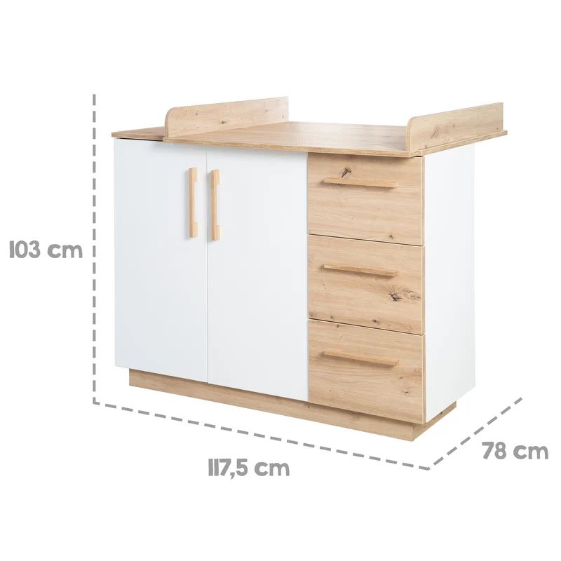 Möbelset 'Lion 2-teilig - Kombi-Kinderbett 70x140 + Wickelkommode breit - Weiß - Dekor 'Artisan Eiche'