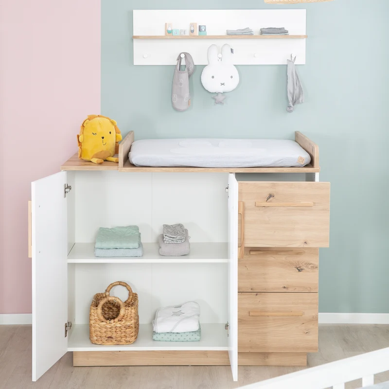 Möbelset 'Lion 2-teilig - Kombi-Kinderbett 70x140 + Wickelkommode breit - Weiß - Dekor 'Artisan Eiche'