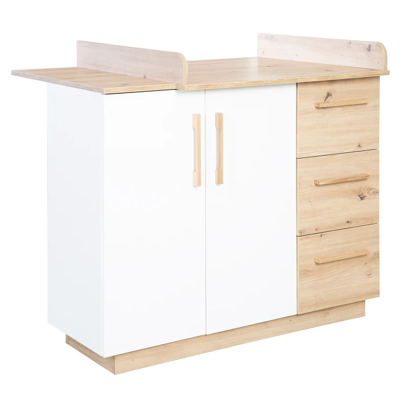 Möbelset 'Lion 2-teilig - Kombi-Kinderbett 70x140 + Wickelkommode breit - Weiß - Dekor 'Artisan Eiche'