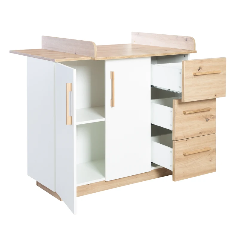 Möbelset 'Lion 2-teilig - Kombi-Kinderbett 70x140 + Wickelkommode breit - Weiß - Dekor 'Artisan Eiche'