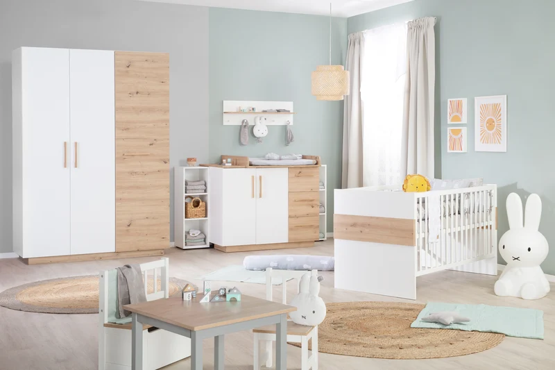 Möbelset 'Lion 2-teilig - Kombi-Kinderbett 70x140 + Wickelkommode breit - Weiß - Dekor 'Artisan Eiche'