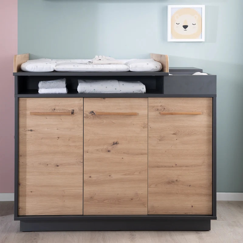 Kinderzimmerset 'Lenn' 3-teilig - Bett 70x140 + Wickelkommode + Kleiderschrank 3-türig